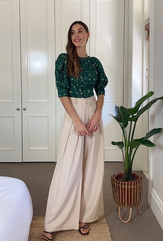 Wide Leg Trousers with Green Puff Sleeve Lemon Print Top