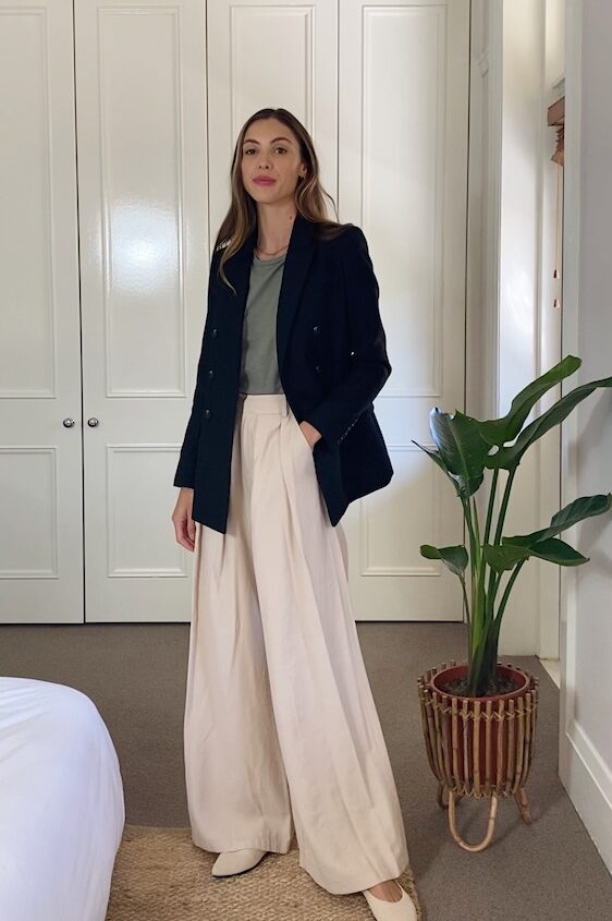 Wide Leg Trousers with Black Blazer and Ballet Flats Outfit