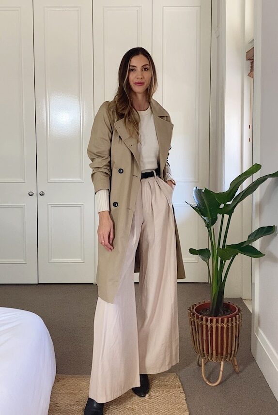 Wide Leg Trousers with Black Boots and Trench Coat Outfit