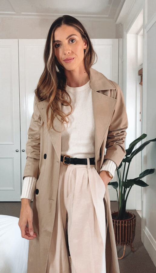 Wide Leg Trousers with Trench Coat Outfit Close Up