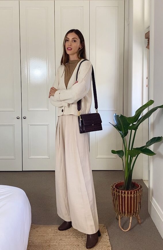 Wide Leg Trousers with Boxy Cardigan and Brown Boots Outfit