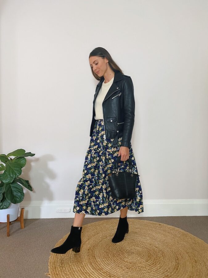 Outfit Formula - Midi skirt & biker jacket