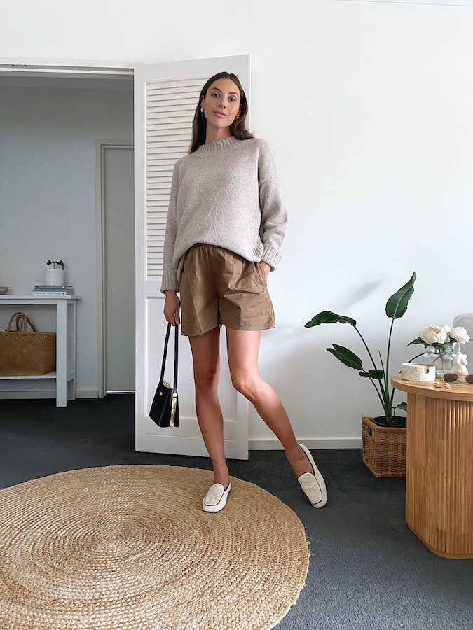 Maternity outfit with stretchy brown shorts, jumper and loafers