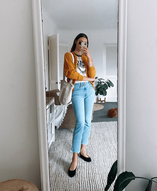 ballet flats outfit blue jeans and yellow cardigan