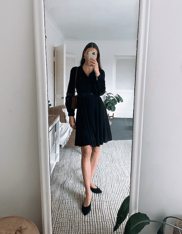 ballet flats outfit black mini dres