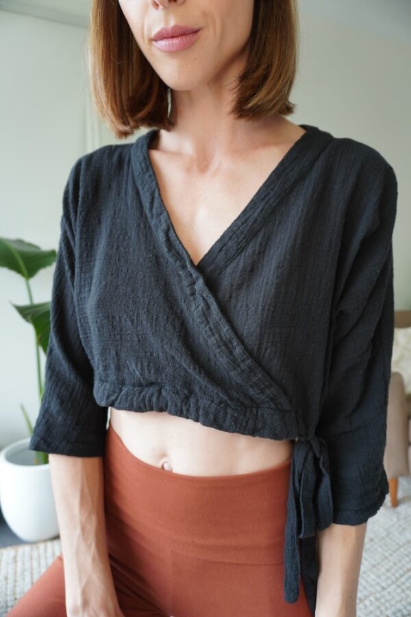 Indigo Luna Black Linen Wrap Top 2 close up