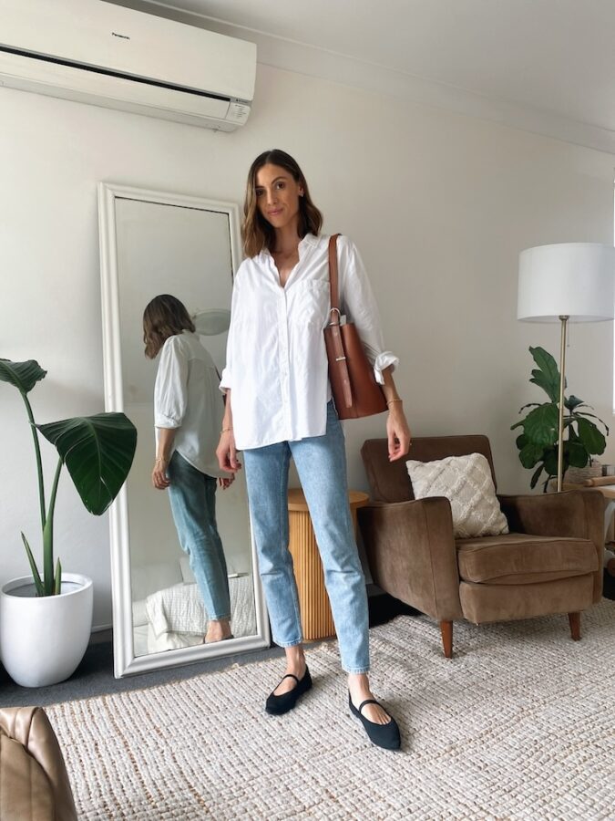 White Shirt + High-Waisted Jeans + Block Heels