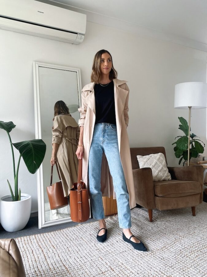 Trench Coat + Denim Jeans + Ballet Flats