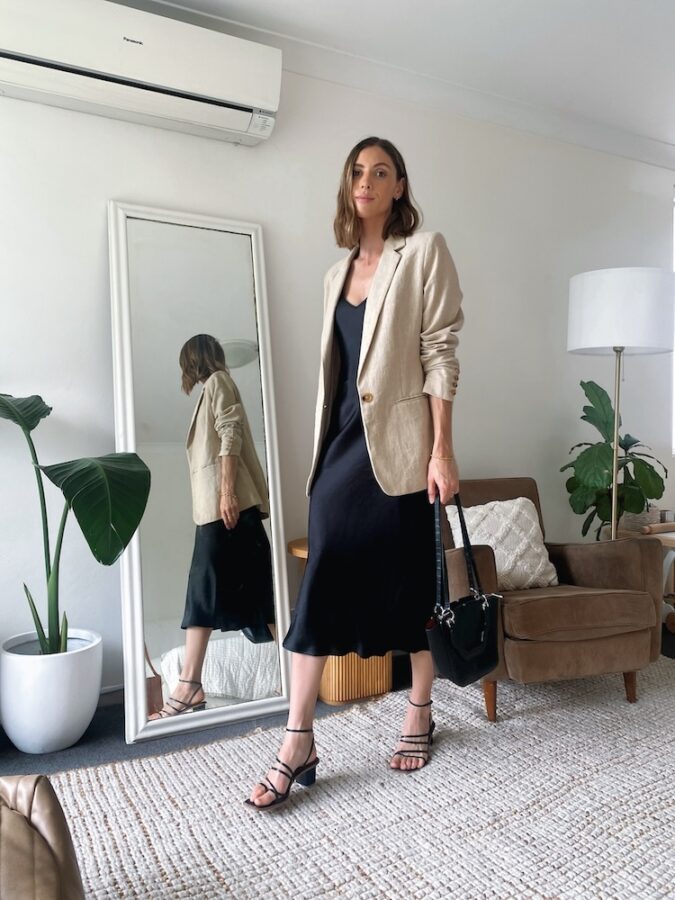 Tailored Blazer + Slip Dress + Block Heeled Sandals - Spring Outfit Formula