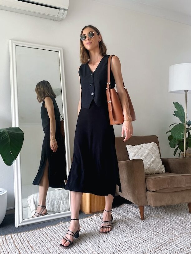 Tailored Vest + Midi Skirt + Block Heeled Sandals