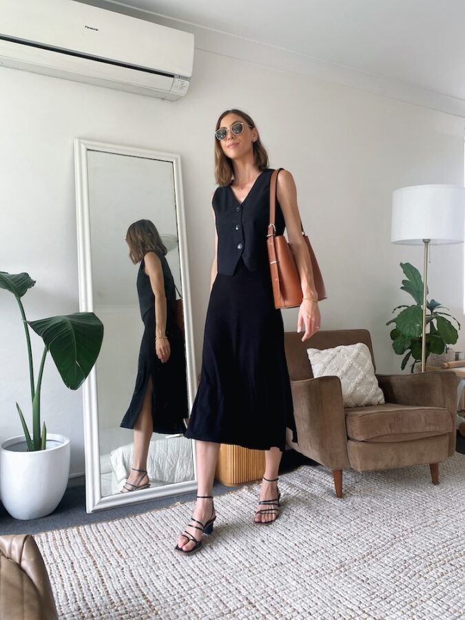 Tailored Vest + Midi Skirt + Block Heeled Sandals