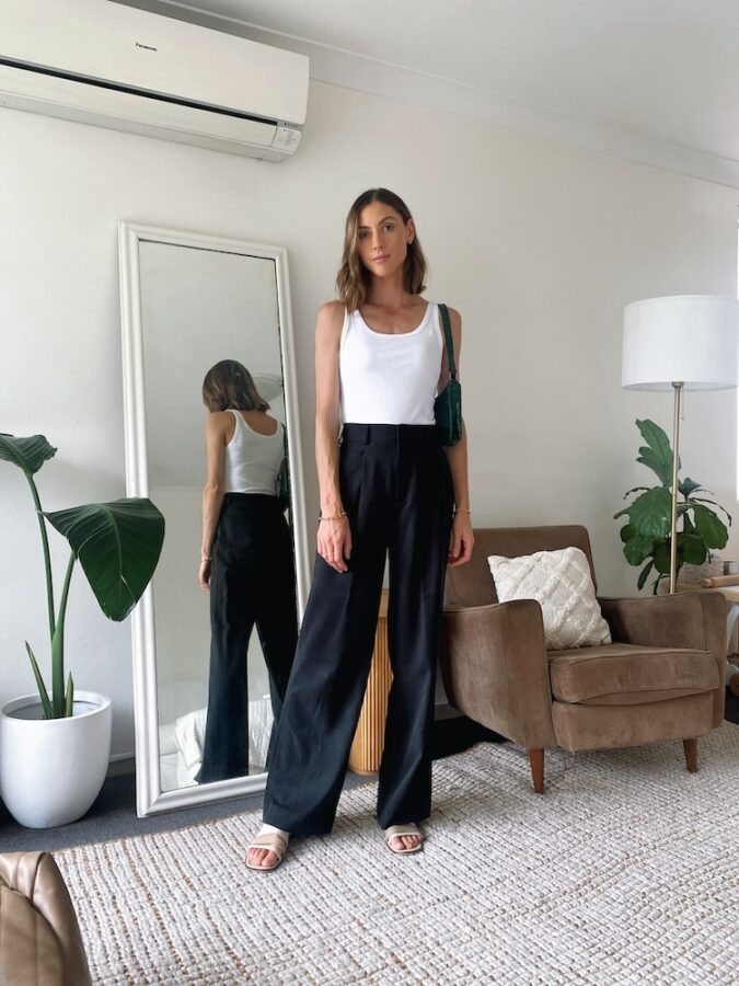 Wide Leg Trousers + Ribbed Vest Top + Sandals