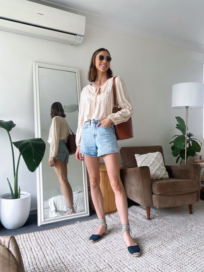 printed blouse denim shorts and espadrilles - spring outfit formula