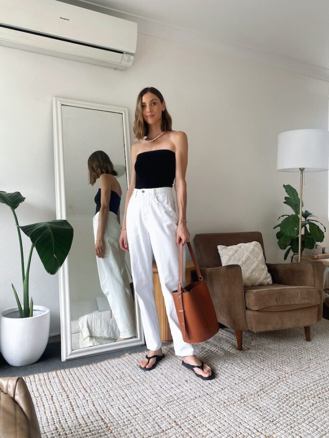 Boob Tube + Relaxed Jeans + Sandals + Necklace