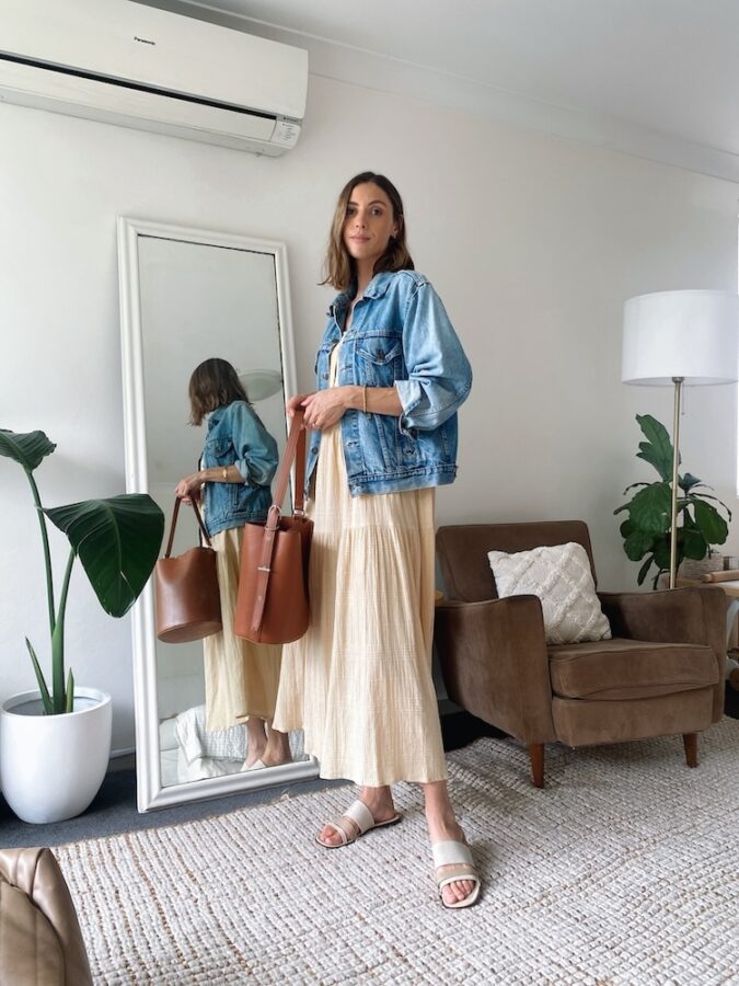 Flowy Dress + Denim Jacket + Sandals